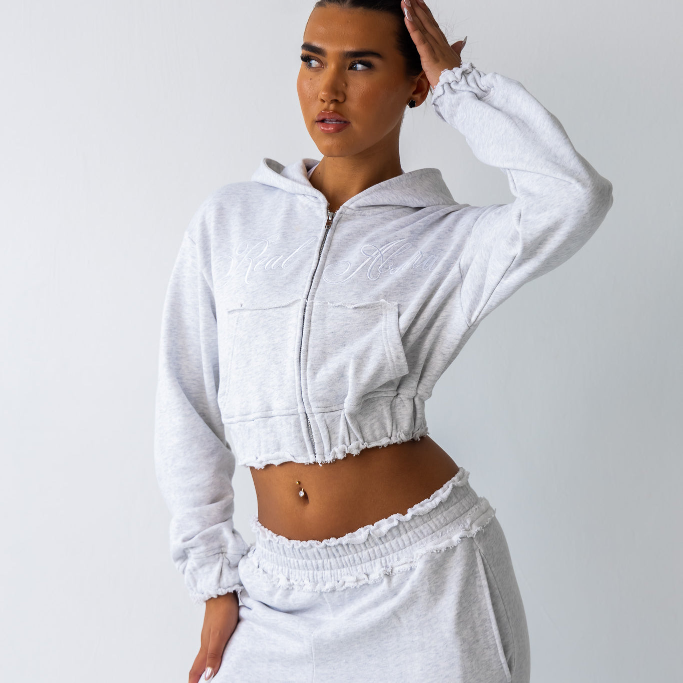 Marl Grey Distressed Zip Up Hoodie