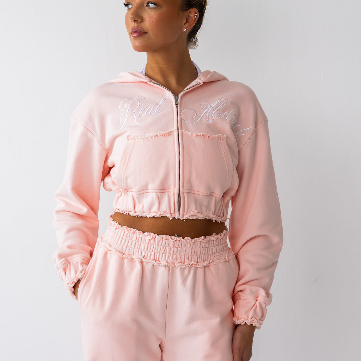 Powder Pink Distressed Zip Hoodie