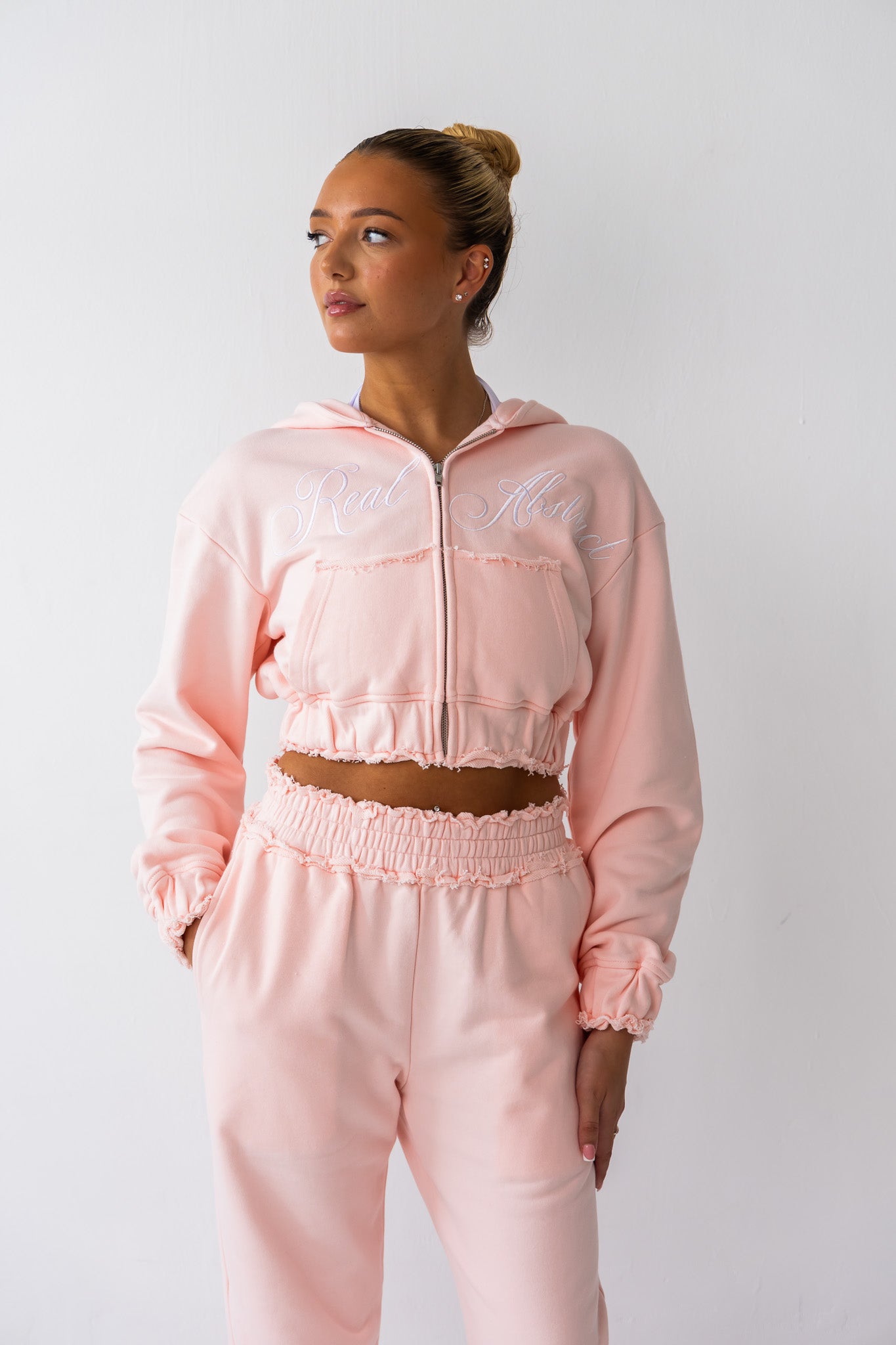 Powder Pink Distressed Zip Hoodie
