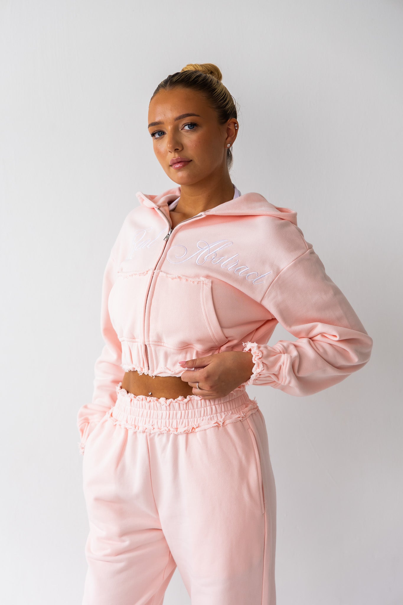 Powder Pink Distressed Zip Hoodie