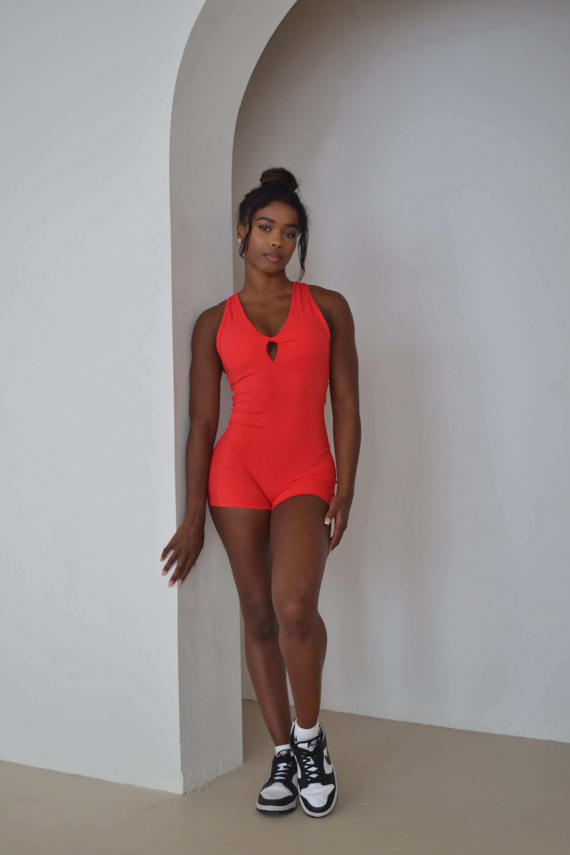 Red contour scrunch unitard