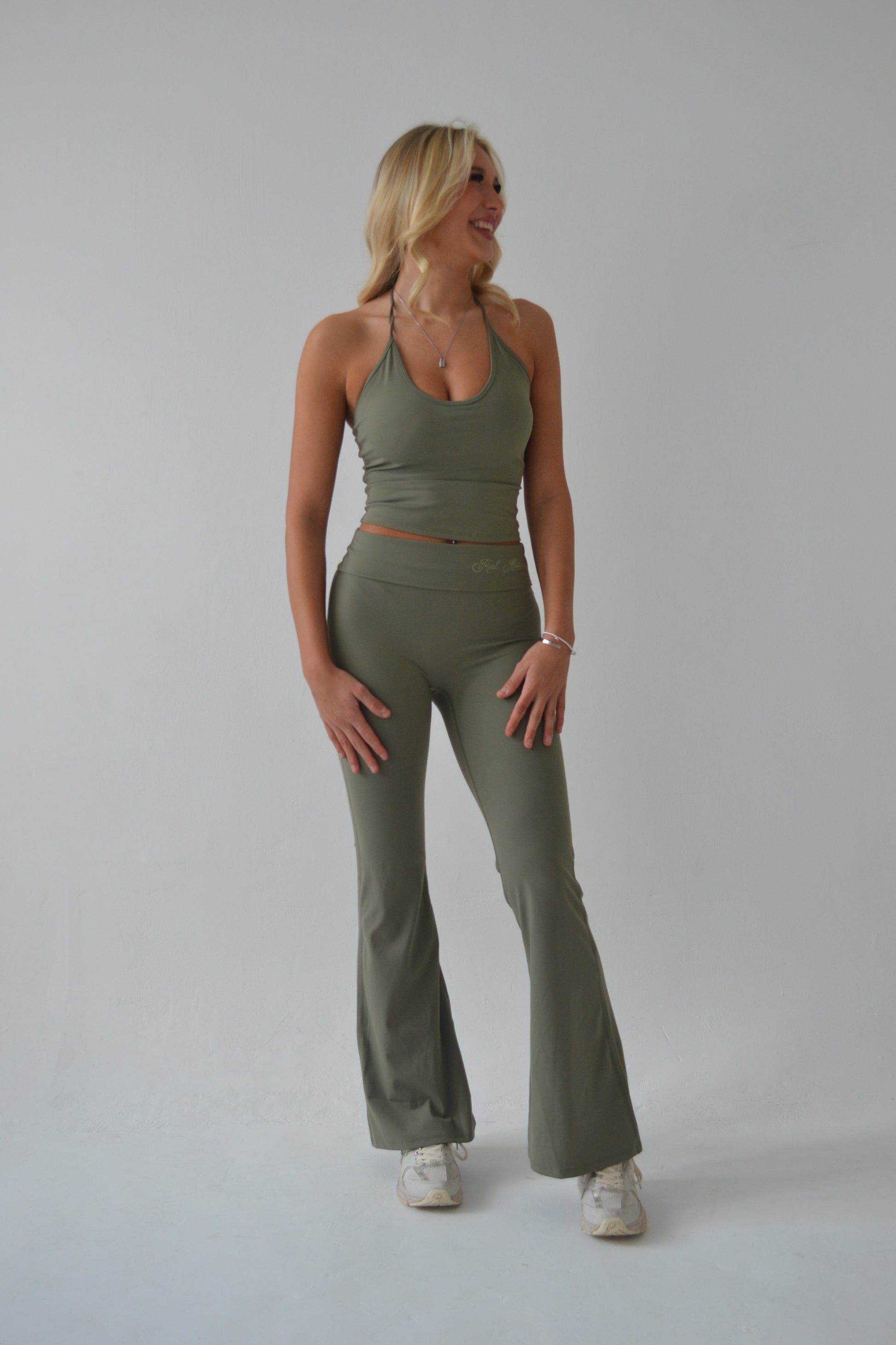 Khaki fold over waist flare