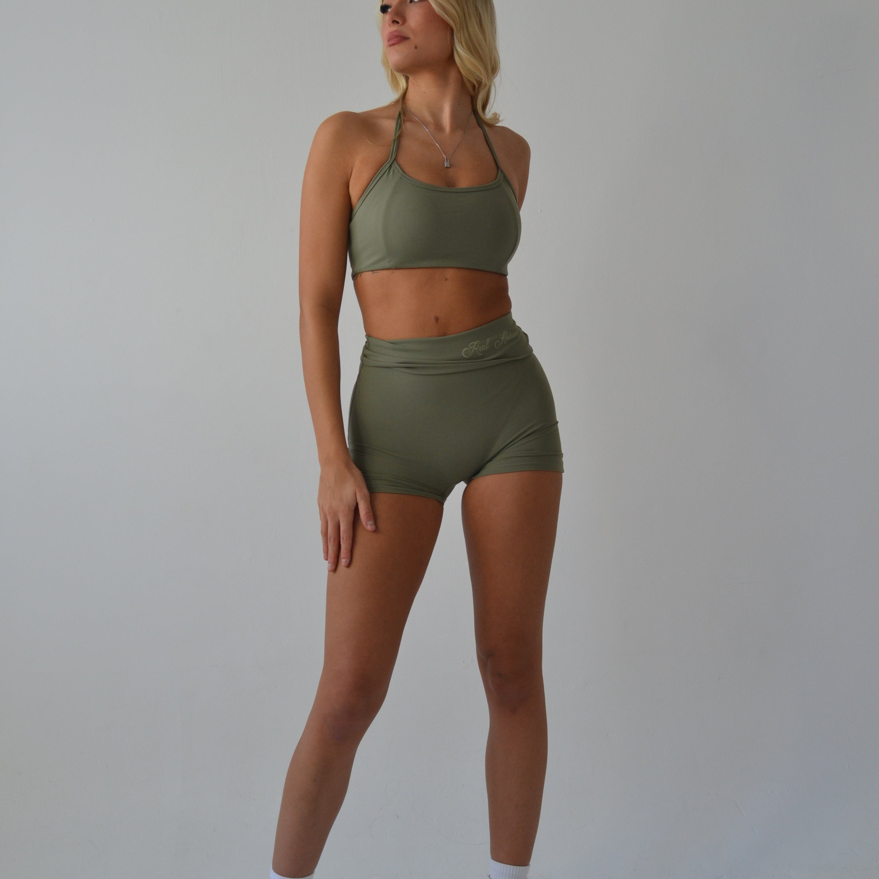 Khaki fold over waist shorts