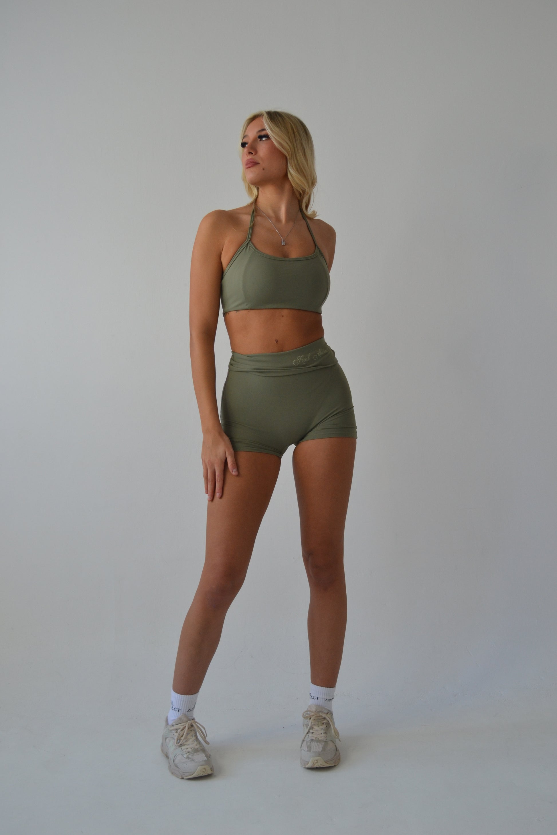 Khaki fold over waist shorts